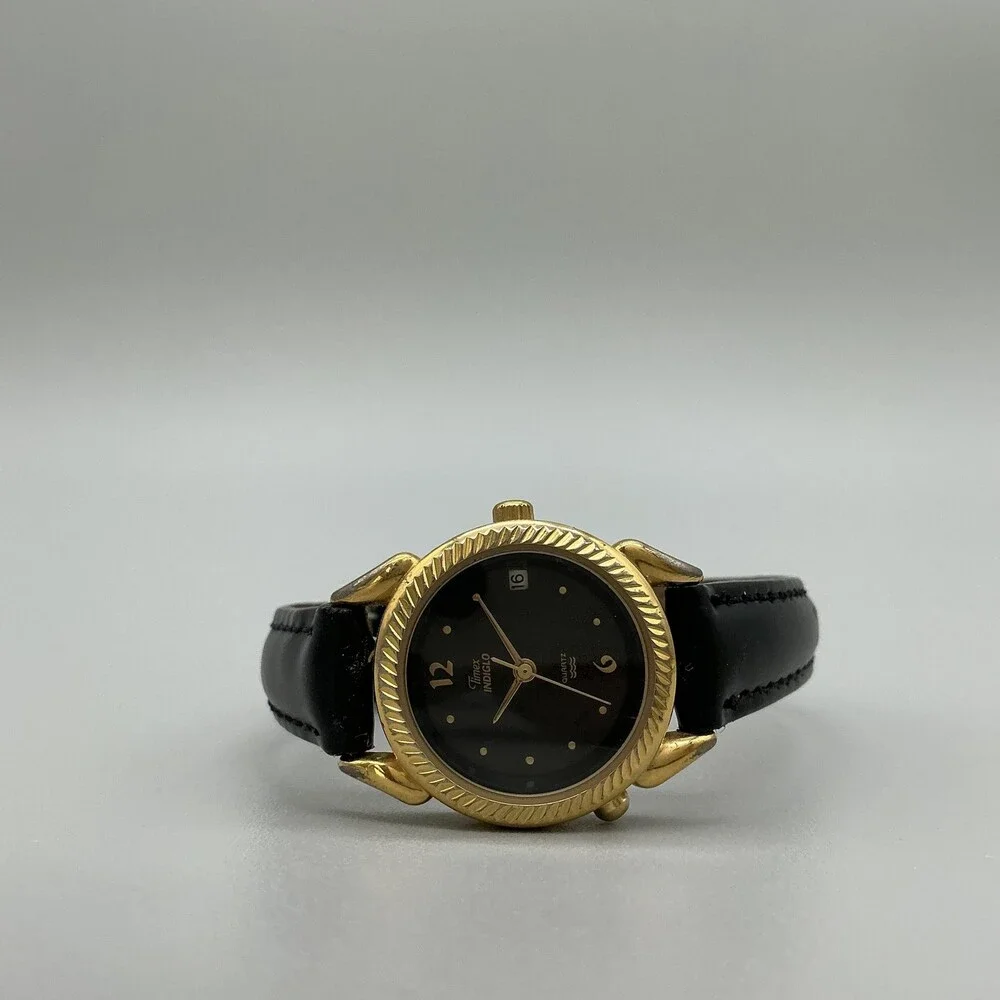 Vintage Timex Indiglo Womens Watch 25mm Black Dial Gold Tone Date New Battery